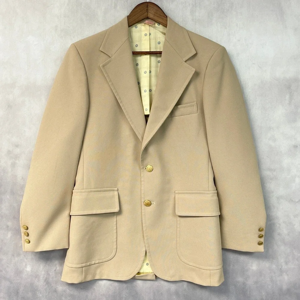 Vintage Sears The Classic Collection Blazer Mens 38 Tan Gold Button 70s Disco